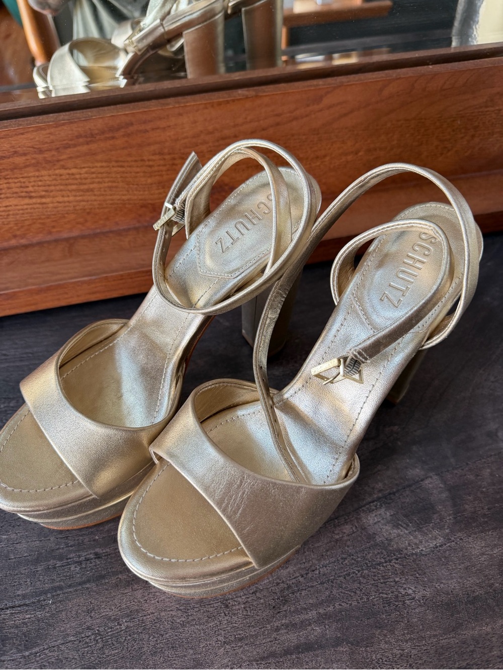 SCHUTZ Metallic Gold Platform Block Sandals - Picture 6 of 9